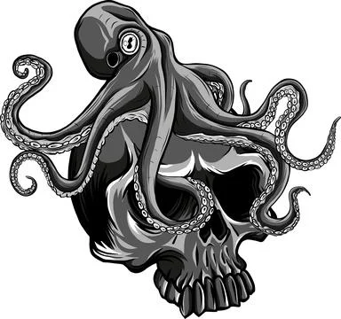 Monochrome octopus on huma skull. vector illustration on white bacground Stock Illustration