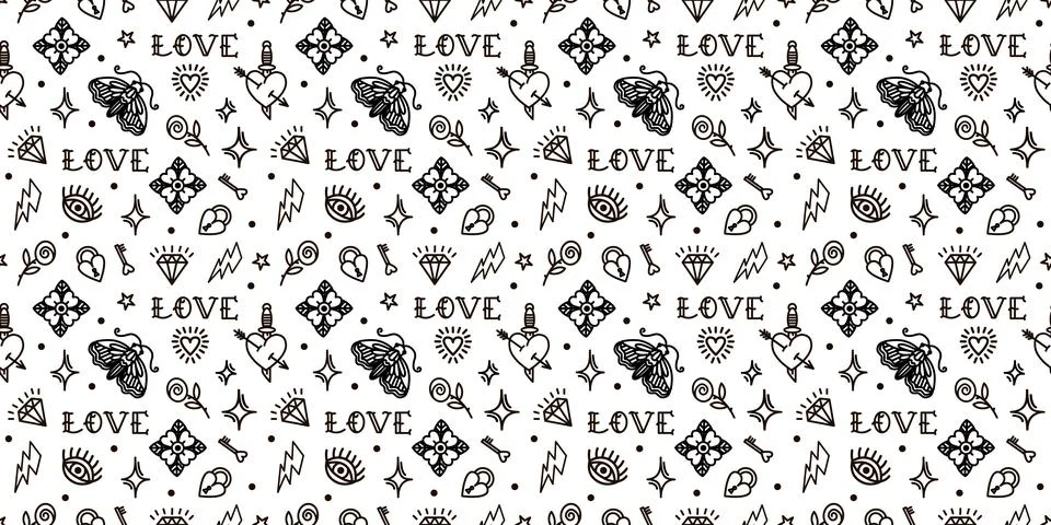 Monochrome Old School Style Pattern for Valentine's Day. Stock Illustration