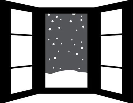 Monochrome Open window frame with falling snow Ilustración de archivo