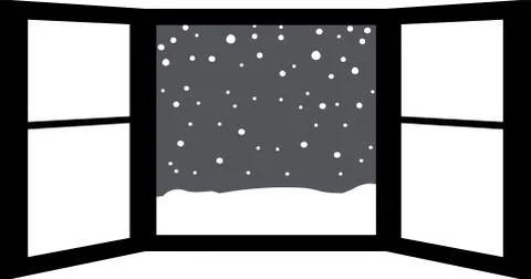 Monochrome Open window frame with falling snow Ilustración de archivo