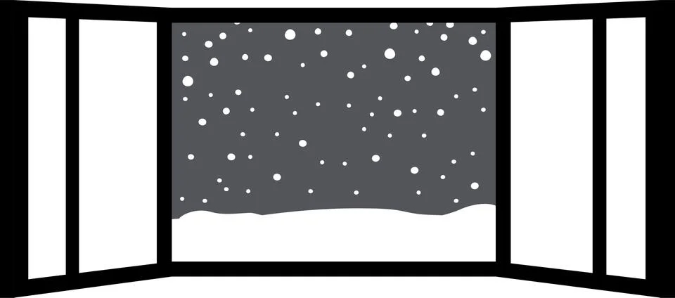 Monochrome Open window frame with falling snow Ilustración de archivo