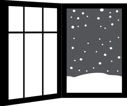 Monochrome Open window frame with falling snow Ilustración de archivo