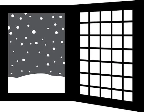Monochrome Open window frame with falling snow Ilustración de archivo