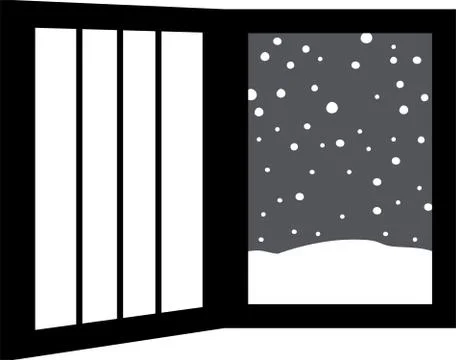 Monochrome Open window frame with falling snow Ilustración de archivo