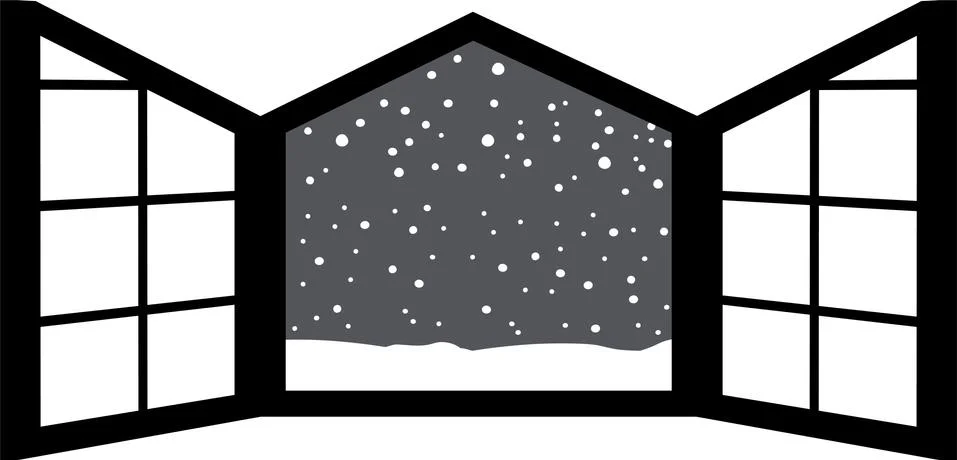 Monochrome Open window frame with falling snow Ilustración de archivo