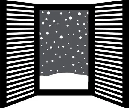 Monochrome Open window frame with falling snow Ilustración de archivo