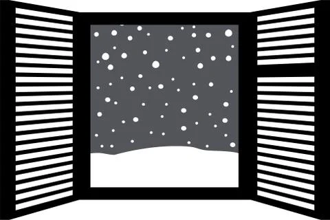 Monochrome Open window frame with falling snow Ilustración de archivo