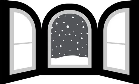 Monochrome Open window frame with falling snow Ilustración de archivo