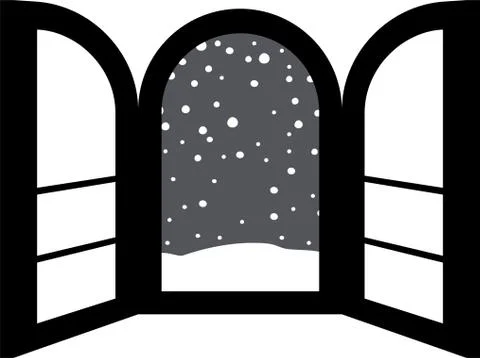 Monochrome Open window frame with falling snow Ilustración de archivo