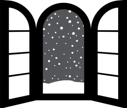 Monochrome Open window frame with falling snow Ilustración de archivo
