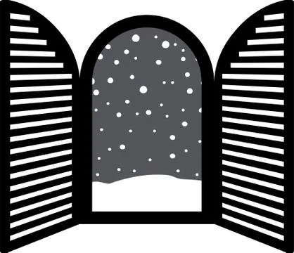 Monochrome Open window frame with falling snow Stock Illustration