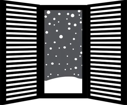 Monochrome Open window frame with falling snow Ilustración de archivo