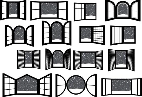 Monochrome Open window frame with falling snow set Ilustración de archivo