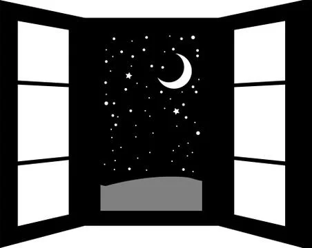 Monochrome Open window frame at night Ilustración de archivo