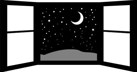 Monochrome Open window frame at night Ilustración de archivo