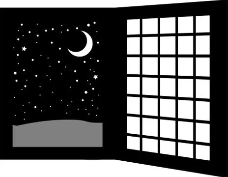 Monochrome Open window frame at night Ilustración de archivo