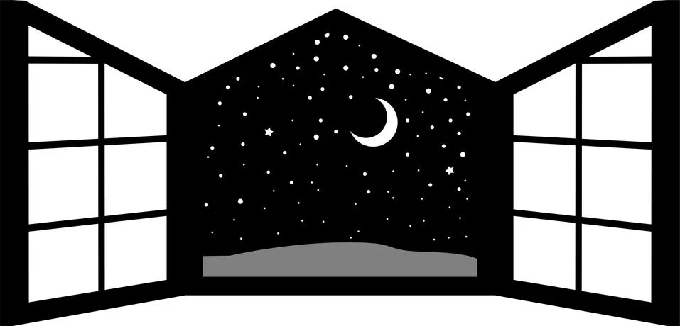 Monochrome Open window frame at night Ilustración de archivo