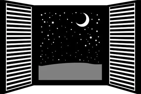 Monochrome Open window frame at night Stock Illustration