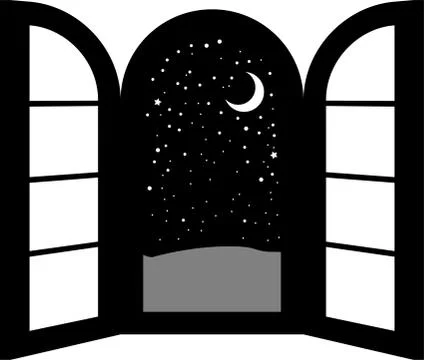 Monochrome Open window frame at night Ilustración de archivo