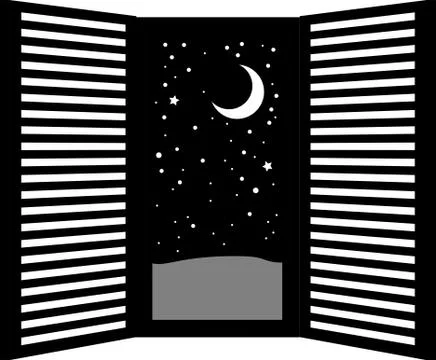 Monochrome Open window frame at night Stock Illustration
