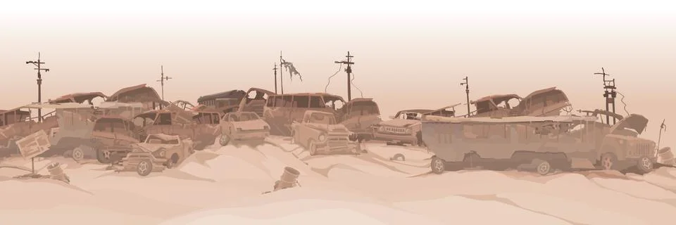 Monochrome panoramic background of a dump of various car remains Stock Illustration