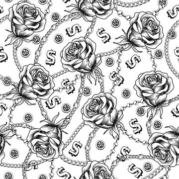 Monochrome pattern with black engraved roses Stock Illustration