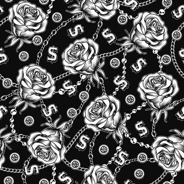 Monochrome pattern with black engraved roses Stock Illustration