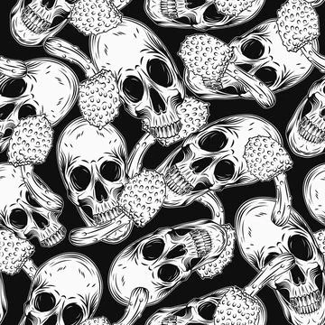 Monochrome pattern with distorted skull, mushrooms Stock Illustration