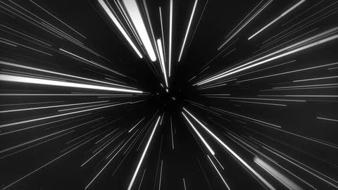 Monochrome pattern with diverging white rays of light. Entering hyperspace .. Stock Illustration