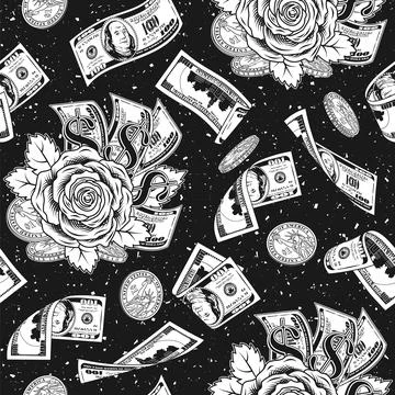 Monochrome pattern with flying dollar bills, roses Illustrazione stock
