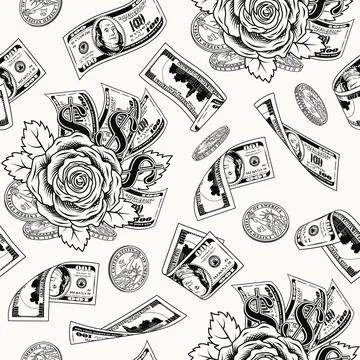 Monochrome pattern with flying dollar bills, roses Stock Illustration