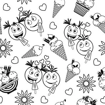 Monochrome pattern with ice cream, crazy emoji love couple, sun icon, hearts 스톡 일러스트