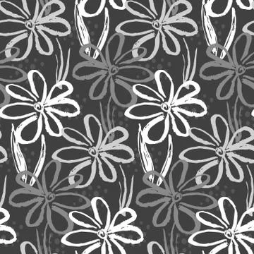 Monochrome pattern with inky chamomile flowers Stock Illustration