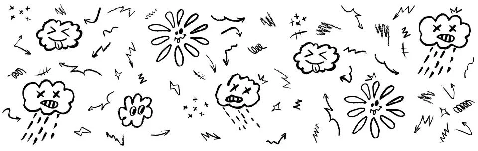 Monochrome pattern with wax crayon drawing rainy cloud, stick out tongue cloud Illustrazione stock