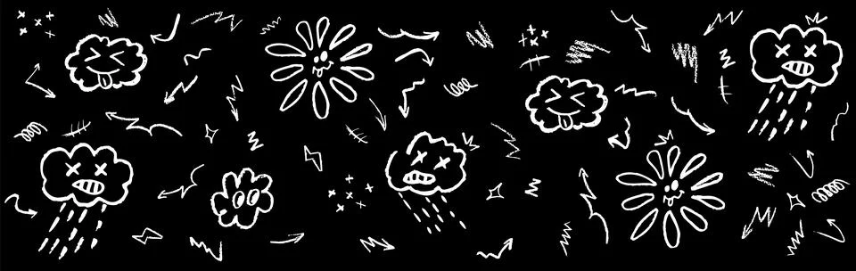 Monochrome pattern with wax crayon drawing rainy cloud, stick out tongue cloud Stock Illustration