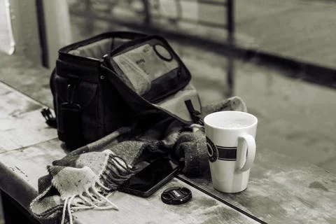 A monochrome picture of different objects on a tabletop Stock Photos