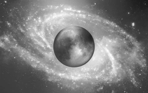 Monochrome planet inside spiral galaxy Stock Illustration