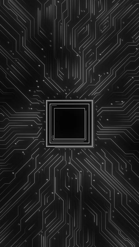 Monochrome processor circuit interface black board layout, clean white paths, an Stock Footage 340549212