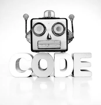 Monochrome robots head with the word code Stock-Fotos