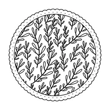 Monochrome round frame with pattern of branches with ovoid leaf Stock Illustration