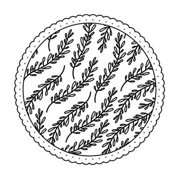 Monochrome round frame with pattern of branches with ovoid leaves Illustrazione stock
