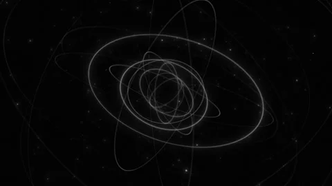 Monochrome science orbit visual with black space, atom rings, star particles, an Stock Footage 340550599