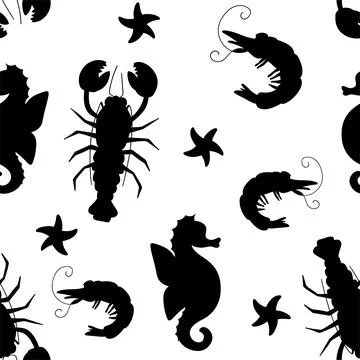 Monochrome sea pattern with black and white marine life, crayfish, shrimp, se Stockillustratie