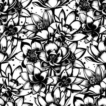 Monochrome seamless abstract pattern of large flowers, texture, design Stock Illustration