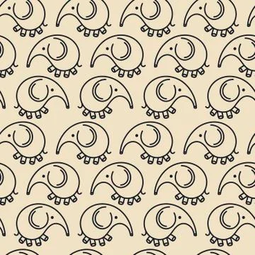 Monochrome seamless background, funny stylized elephants follow each other. Stock Illustration