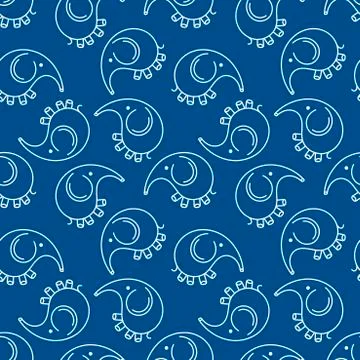 Monochrome seamless background, funny stylized elephants follow each other. A Stock Illustration