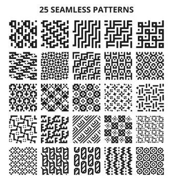 Monochrome seamless geometric patterns. Abstract fractal geometrical line vector Stock Illustration