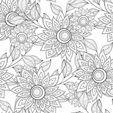 Monochrome Seamless Pattern with Abstract Flowers and Leaves Stock Illustration