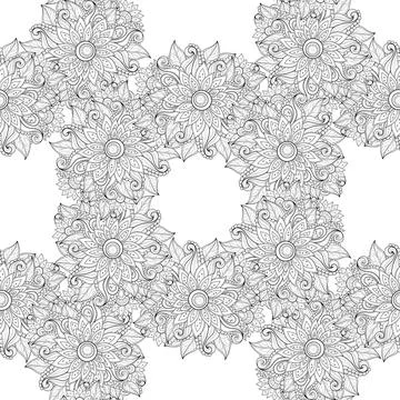 Monochrome Seamless Pattern with Abstract Flowers and Leaves Stock Illustration