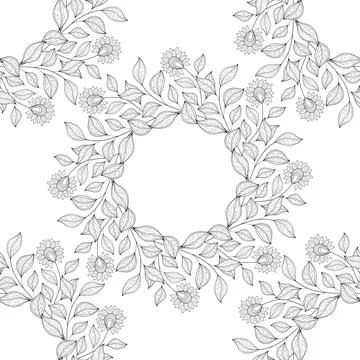 Monochrome Seamless Pattern with Abstract Flowers and Leaves Stock Illustration